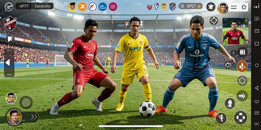 Screenshot menunjukkan gameplay intens dari pertandingan sepak bola API77.