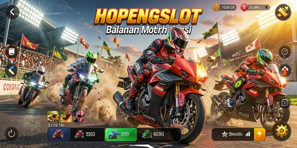Screenshot gameplay HOPENGSLOT menampilkan aksi balapan motor yang seru.