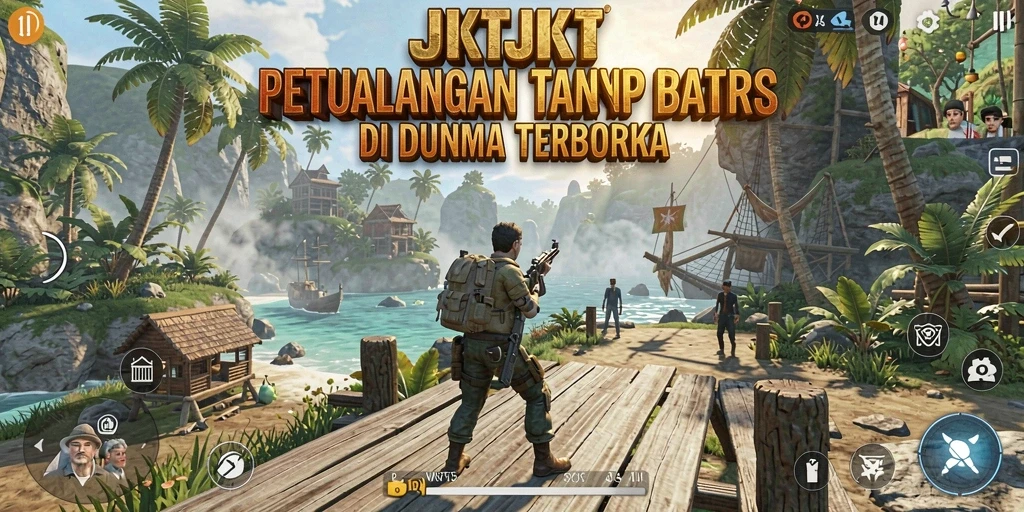 Tampilan gameplay JKTJKT menunjukkan dunia terbuka yang kaya dan interaktif.