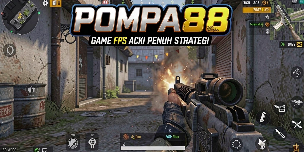 Screenshot utama POMPA88 menampilkan aksi gameplay FPS yang intens.