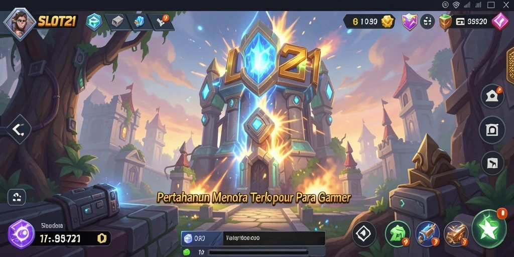 Tampilan gameplay SLOT21 dengan menara dan musuh yang beragam.